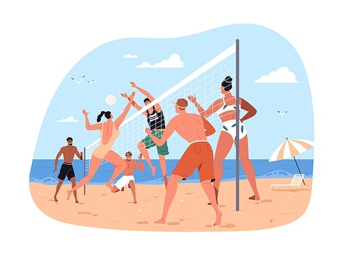 Summer beach volleyball. Young people friends playing volley ball with net on sand court at sea shore, seaside on summertime holiday. Flat graphic vector illustration isolated on white background.