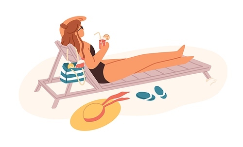 Woman lying on chaise lounge, sunbathing and relaxing with cocktail in hands on summer holidays. Female in swimsuit resting on sunbed on beach. Flat vector illustration isolated on white background.