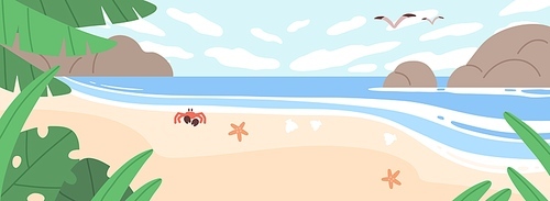 Summer landscape with sea coast, sand beach, sky and rocks. Horizontal seascape with sandy ocean shore, crab, seagulls and clouds on horizon. Seashore panoramic view. Flat vector illustration.