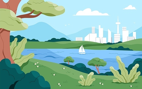 Nature landscape, view on city buildings from urban park. Summer scenery background, boat sailing on river water, lake, trees, plants, green grass, flowers, sky horizon. Flat vector illustration.
