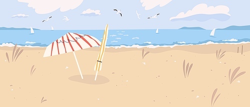 Deserted sandy beach landscape. Summertime scenery of desert sea shore with umbrellas, seagulls in cloudy sky and sailboats on horizon. Flat vector illustration.