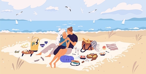 Happy couple hugging on picnic blanket at seaside. Young man and woman spending time together with wine and food at sandy beach. People resting and enjoying outdoor date. Flat vector illustration.