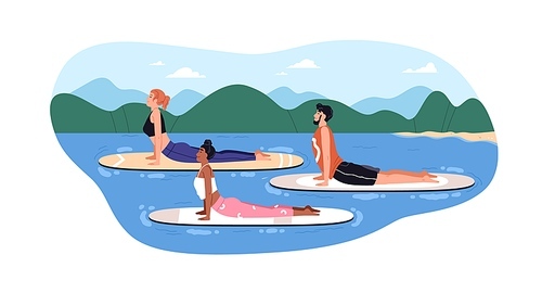 Yoga on surfboards. People exercising, stretching on surf sup board floating in water. Healthy family training outdoors in summer nature. Flat graphic vector illustration isolated on white background.