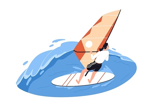 Person windsurfing, sailboarding. Windsurfer on board boardsailing in sea water, wave. Wind surfing and sailing activity in ocean in summer. Flat vector illustration isolated on white background.