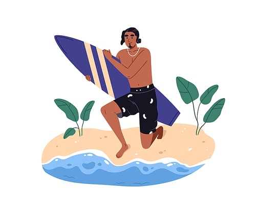 Man surfer holding surfboard. Active young guy with water board in hand, ready for surfing in sea on summer holiday, vacation. Beach sport hobby. Flat vector illustration isolated on white background.