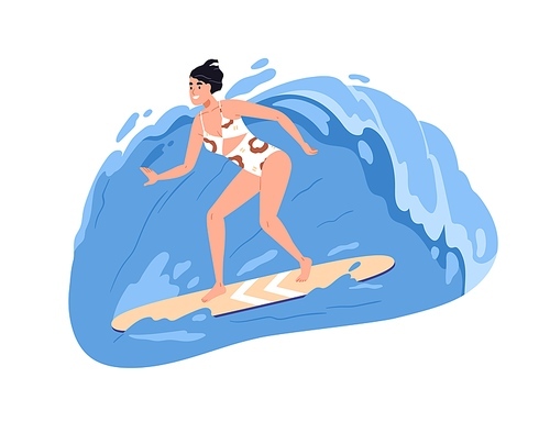 Girl surfer riding surf board, catching wave. Happy active woman on surfboard in ocean splash on summer holiday, vacation. Extreme water sport. Flat vector illustration isolated on white background.