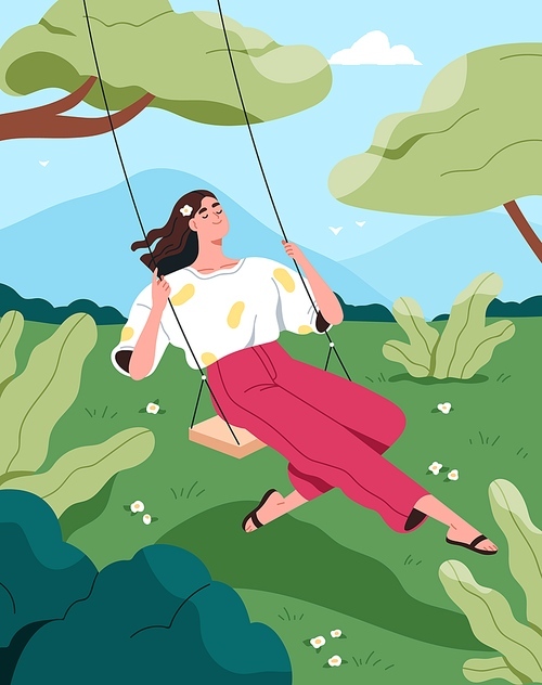 Happy woman sitting on swings in nature. Young carefree girl chilling outdoors on summer holiday, dreaming, relaxing, enjoying life. Freedom, happiness, harmony concept. Flat vector illustration.