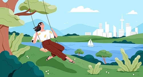 Happy relaxing on rope swings, hanging on tree, enjoying calm nature, solitude. Peaceful carefree young girl sitting on seesaw outdoors near water on summer holidays. Flat vector illustration.
