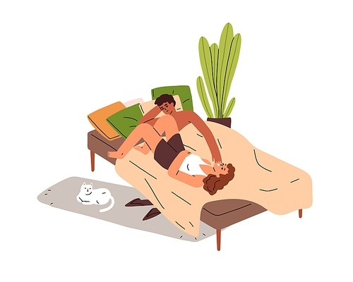 Happy family couple relaxing, lying in bed on weekend. Young man and woman resting, talking on lazy day off, holiday, leisure time in bedroom. Flat vector illustration isolated on white background.