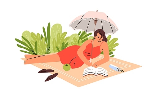 Woman reading paper book in nature. Young girl relaxing outdoors, lying on blanket under umbrella, enjoying fiction literature on summer holiday. Flat vector illustration isolated on white background.