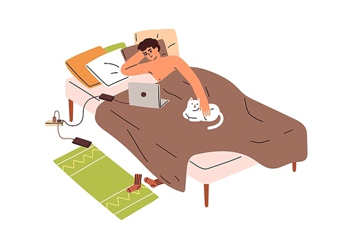 Person watching movie, series, lying in bed at home. Man relaxing with laptop computer, looking online videos, films, TV shows. Lazy time concept. Flat vector illustration isolated on white background.