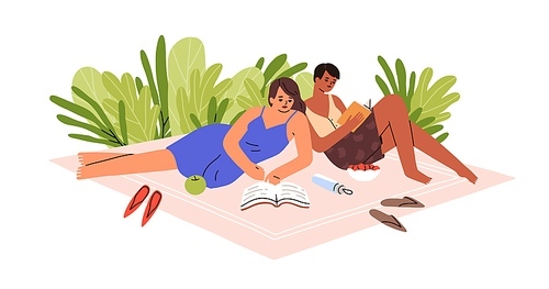 Women friends reading books outdoor, relaxing in nature at summer weekend. Girls bookworms resting with fiction novels at leisure time on holiday. Flat vector illustration isolated on white background.