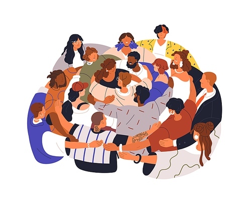 Diverse people group in circle, hugging together. Big international community, crowd. Unity, solidarity, social support, peace concept. Flat graphic vector illustration isolated on white background.