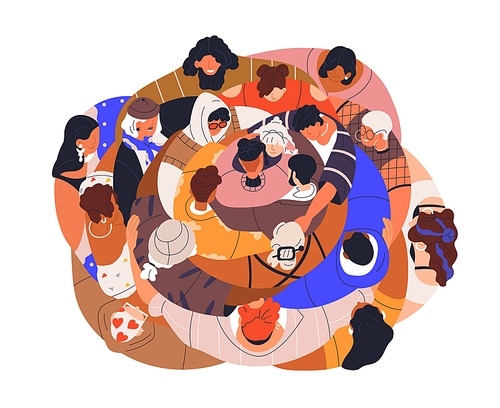 Diverse united people group hug together, top view. Social community, multiethnic unity overhead. Solidarity, support, love concept. Flat graphic vector illustration isolated on white background.