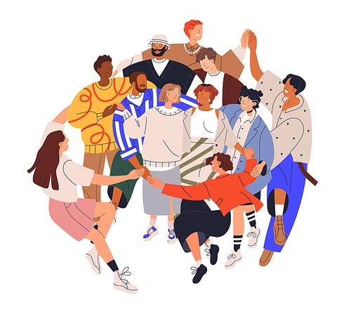 People circle, united group for support, network. Multiethnic community, unity. Diverse happy characters team hug together. Flat graphic vector concept illustration isolated on white background.