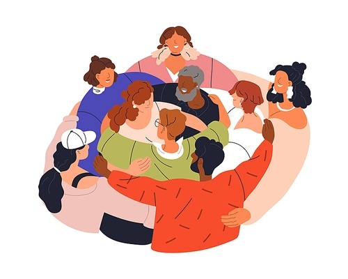 United community, people group hugging together. Support, peace, humanism concept. Supporting loving society. Supportive unity embracing together. Flat vector illustration isolated on white background.