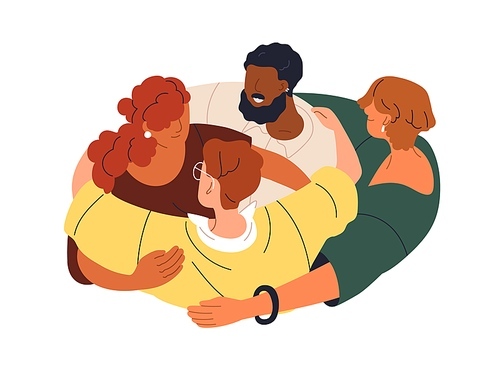 People hugging together. Supportive community, togetherness, mutual care and love concept. Group of characters in circle, embracing. Flat graphic vector illustration isolated on white background.