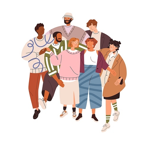 Diverse people standing together, portrait. Men and women group, team hugging, embracing. Community, partners. Togetherness concept. Flat graphic vector illustration isolated on white background.