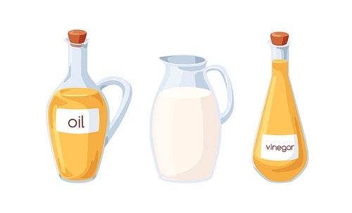 Oil, milk, vinegar in glass jugs set. Liquid cooking ingredients in transparent bottles, pitchers. Culinary baking essences in storage vessels. Flat vector illustrations isolated on white background.