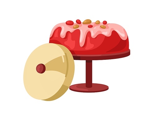 Mousse cake covered with mirror glaze, yoghurt cream. Sweet dessert with fruit, berry flavour, served on dish, stand. Confectionery food. Flat graphic vector illustration isolated on white background.