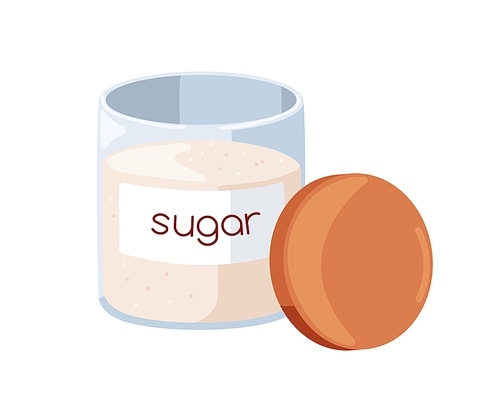 Sugar in glass jar. Sweet cooking ingredient, sweetener crystals in transparent storage container and wooden lid, cover. Flat cartoon vector illustration isolated on white background.