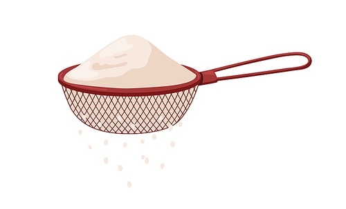 Sifting wheat flour with sieve, sifter, baking kitchen tool. Cooking powder falling process from mesh, net utensil. Kitchenware item. Flat vector illustration isolated on white background.