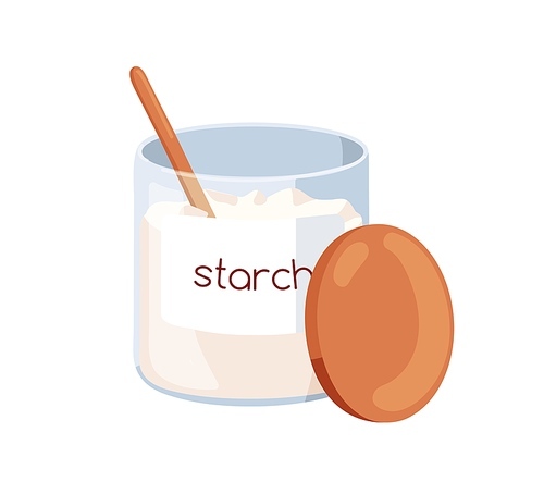 Corn starch in glass jar. Baking ingredient, cornstarch powder in transparent storage container with wood lid and spoon. Bakery product. Flat cartoon vector illustration isolated on white background.