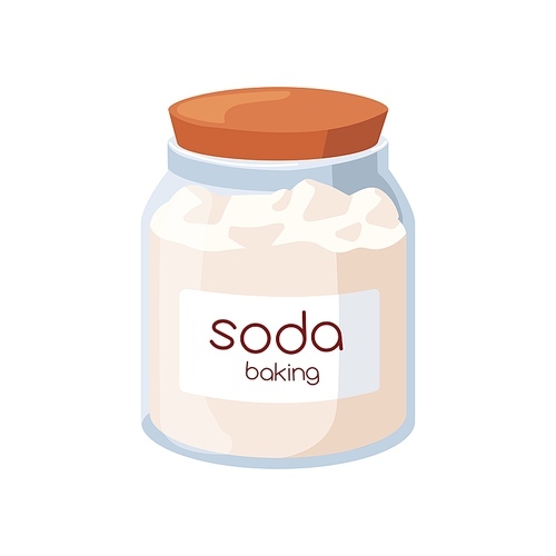 Baking soda in glass jar, closed with wooden lid. Sodium bicarbonate, cooking powder. Alkaline, antacid bicarb in transparent container. Flat vector illustration isolated on white background.