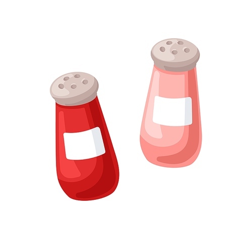 Salt and pepper shakers. Kitchen accessories for spices. Table utensils, ceramic bottles, containers for ground seasoning, condiment. Flat cartoon vector illustration isolated on white background.