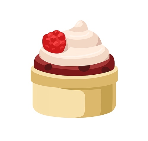 Cupcake, sweet chocolate dessert with cream swirl and berry. Small muffin cake in bakery cup with buttercream and raspberry decor. Yummy pastry. Flat vector illustration isolated on white background.