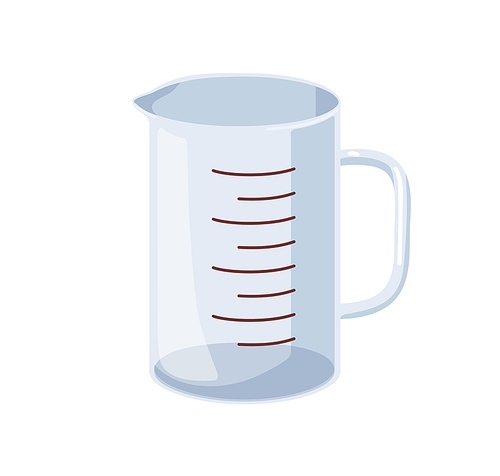 Cooking cup, measuring glass. Plastic jug, kitchen container for liquid volume measurement. Empty beaker, kitchenware, transparent mug. Flat cartoon vector illustration isolated on white background.