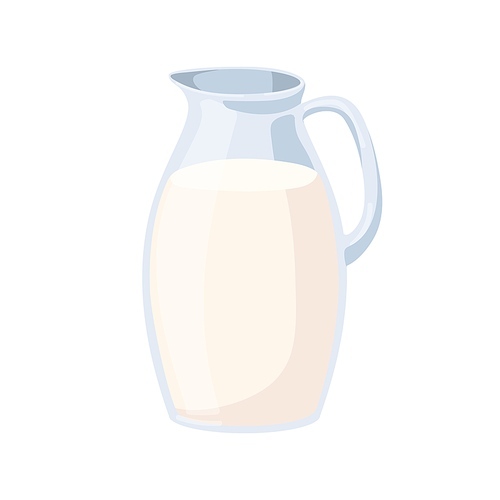 Milk in glass jug. Transparent pitcher full of dairy milky product. Kitchen container, decanter with healthy calcium liquid drink, cream. Flat cartoon vector illustration isolated on white background.