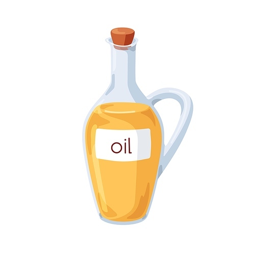 Olive oil in glass pitcher, corked bottle. Closed transparent storage container with yellow fat cooking liquid ingredient. Flat cartoon vector illustration isolated on white background.