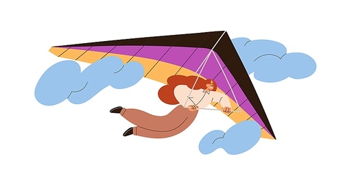 Business person flying. Businesswoman, office worker flies with hang glider in sky. Professional success, career growth concept. Flat graphic vector illustration isolated on white background.