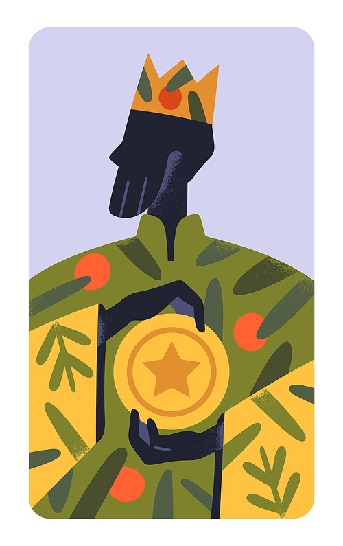 Crowned king, mystic metaphor card. Majesty, authority, prosperity, wealth concept. Noble emperor, royal monarch, leader with coin in hand. Nobility and power. Conceptual flat vector illustration.