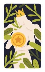 Crowned Queen, female goddess with sacred secret coin. Holy noble woman princess, vertical card. Wealth, abundance, prosperity, success and treasure concept, metaphor. Flat vector illustration.