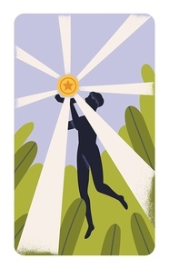 Concept esoteric card, person and coin, pentacle, treasure. Finance opportunity, chance, financial fortune metaphor. Secret mystic poster with man and aspiration to wealth. Flat vector illustration.