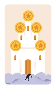 Poor hopeless person in despair, poverty and hardship walking by rich church, religious building with money, coins. Hope and faith for needy people, concept metaphor card. Flat vector illustration.