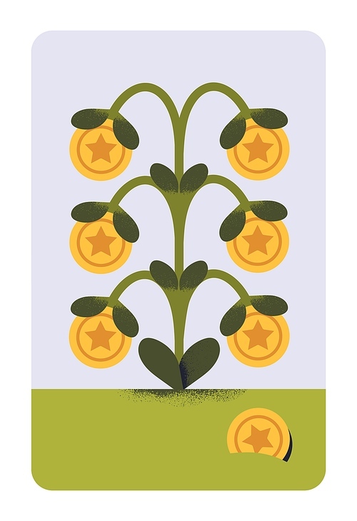 Money tree with coins and leaf growing. Financial wealth, income growth concept. Revenue, salary saving, budget, fund increasing. Investment and finance prosperity, success. Flat vector illustration.