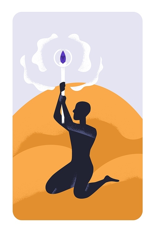 Mysterious person holding esoteric wand, torch light. Spiritual occult ritual, mystic idea, secret symbol concept. Abstract character silhouette with torchlight in hands. Flat vector illustration.