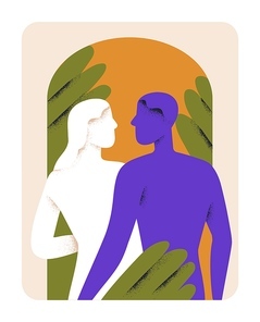Abstract love couple. Romantic relationship, marriage, passion concept. Lovers hugging, standing together in paradise, looking at each other. Naked valentines, vertical card. Flat vector illustration.