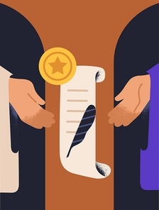 Historical agreement concept. Old medieval paper document, quill, feather and seal. Signing ancient contract, deal, pact. History treaty, union, collaboration, convention. Flat vector illustration.