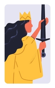 Crowned Queen with sword in hand. Woman warrior goddess holding blade weapon, symbol of war. Victory, independence, authority, power, concept metaphor esoteric card. Flat vector illustration.