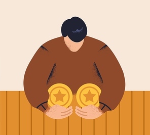 Money saving, stash concept. Stingy greedy person cheapskate concealing finance, coins. Miser protecting capital, concealing budget. Financial greed, abstract flat vector illustration.