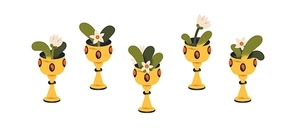 Gold goblet award with blooming flowers set. Floral plants, leaves in golden winner cup. Blossoming bouquets in mystic gilded prize bowls set. Flat vector illustration isolated on white background.