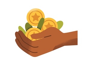 Rich wealthy hand holding golden coins, cash heap. Wealth, finance, financial fortune, prosperity concept. Gold earnings, reward, bonus. Flat vector illustration isolated on white background.
