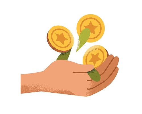 Hand with gold coins, money, cash. Finance, wealth concept. Financial cashback, bonus, prosperity. Capital, deposit, income icon. Flat graphic vector illustration isolated on white background.