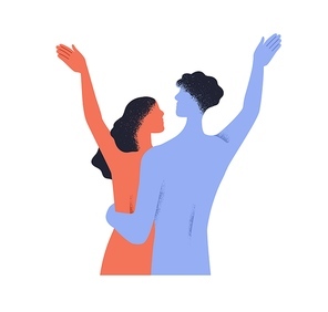 Abstract love couple hugging together. Nude naked man and woman lovers, valentines, back view. Romantic sexual intimate relationship concept. Flat vector illustration isolated on white background.