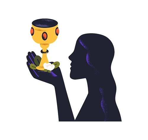 Sorceress holding holy goblet with secret drink, magic potion. Woman witch with esoteric elixir, wine in golden medieval cup, chalice in hand. Flat vector illustration isolated on white background.