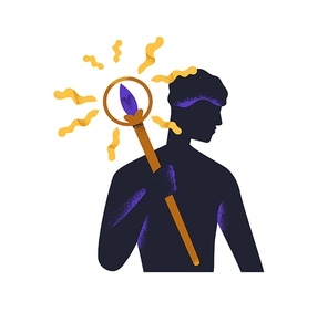 Mystic esoteric power concept. Secret abstract unknown man character holding mysterious wand, spiritual torch, occult torchlight in hand. Flat vector illustration isolated on white background.